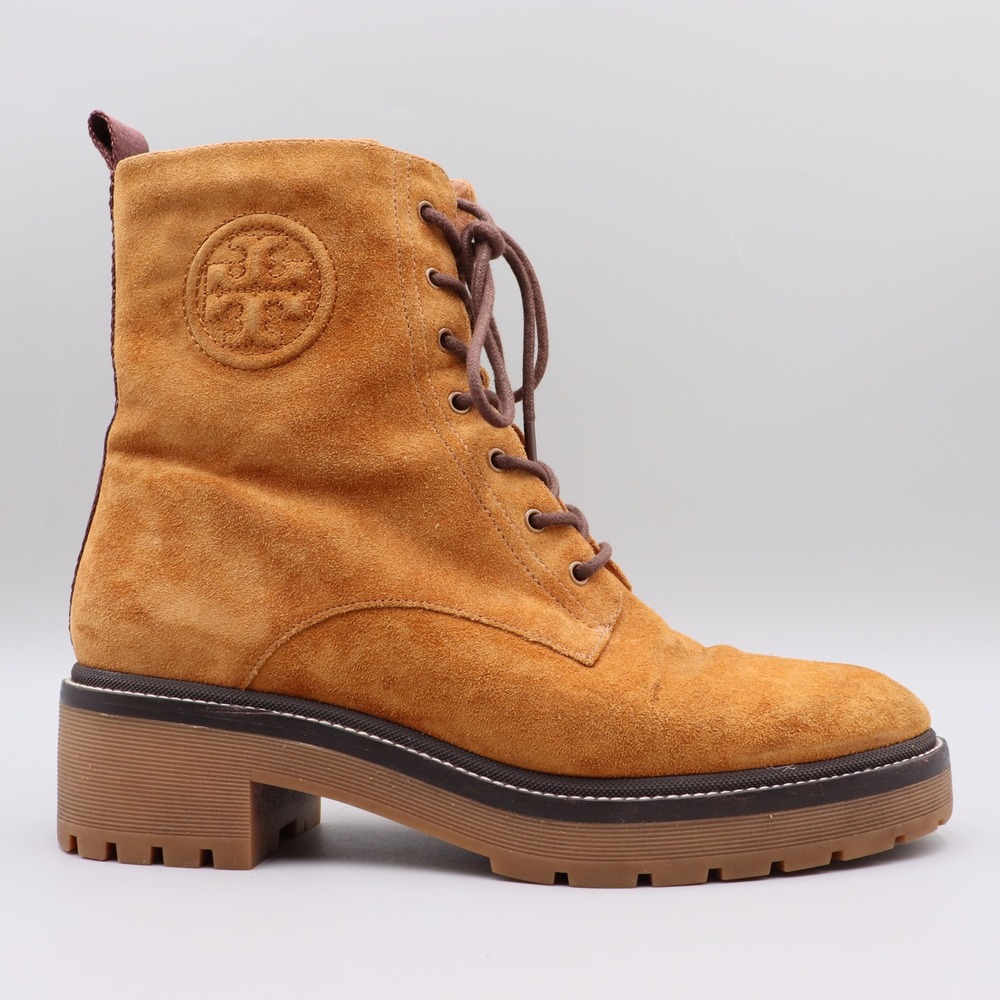 Tory Burch Women's Miller Lug Sole Combat Boots Size 10M US Tan Suede Lace Up